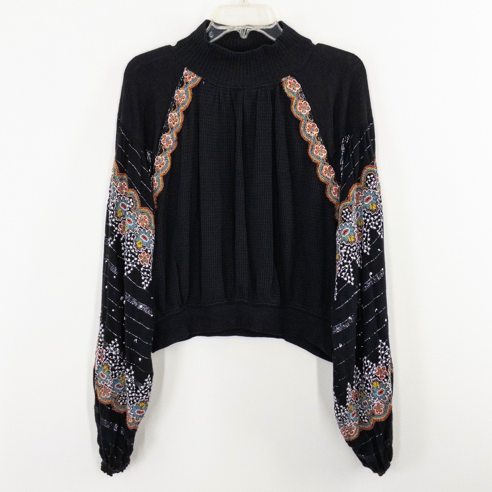 Free People Technicolor Dream Top Medium Black Embroidered Boho Floral Thermal